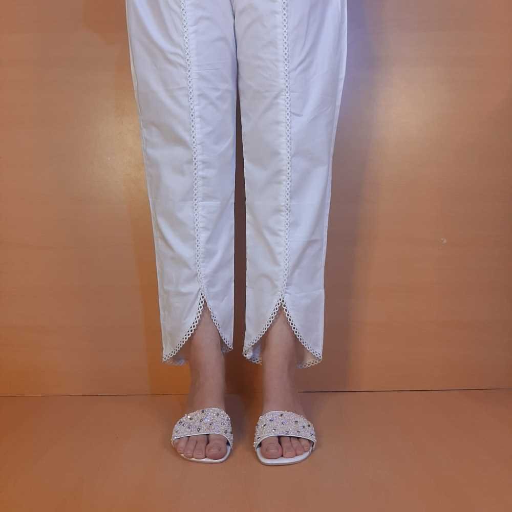 Laces Embellised Trouser  Cotton  White  ZT483  Silk Avenue Pakistan